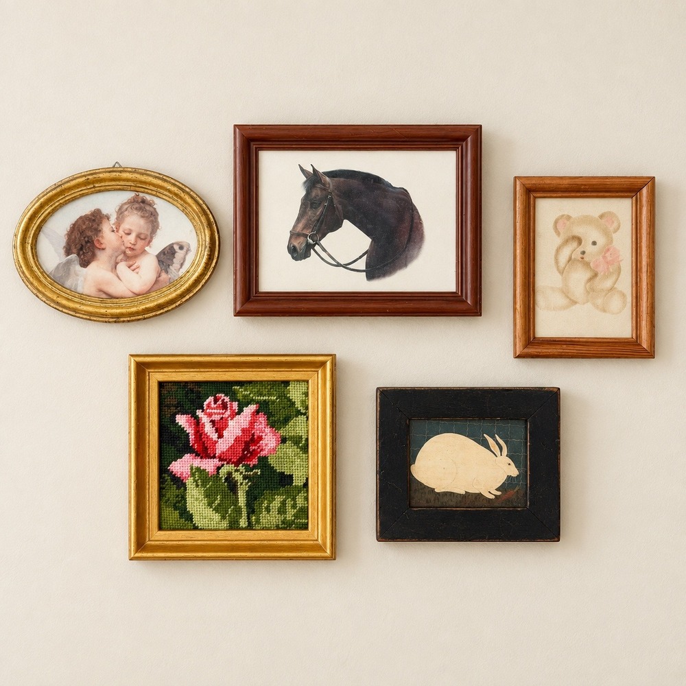 Nursery Mini Art Gallery Wall Vintage Framed Bunny,Horse,Cherubs,Rose,Teddy Bear